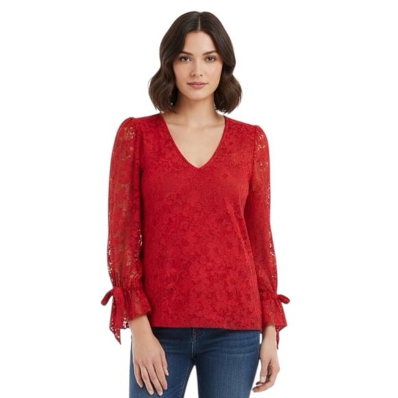 Charter Club Tops - Charter Club Lace overlay blouse with 3/4 sleeves and cuff ties. Size Large